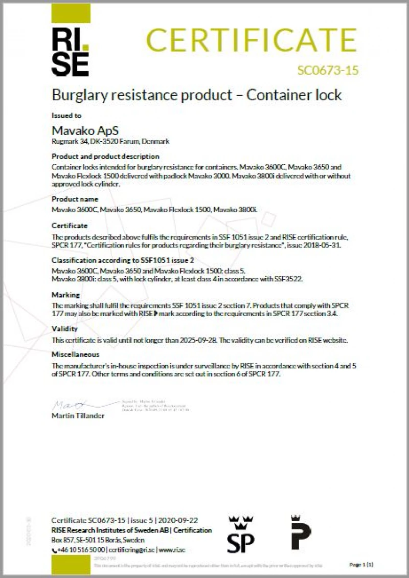 Zertifikat MAVAKO-Schlösser