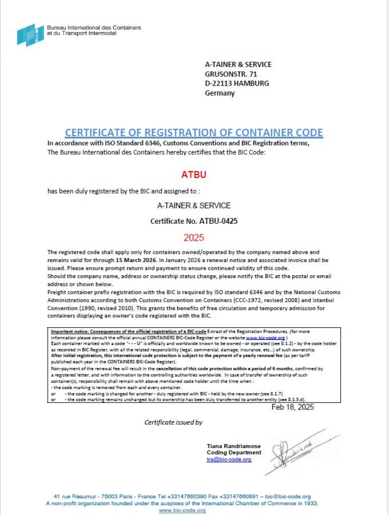 BIC Certificate of Registration of Container Code 2025